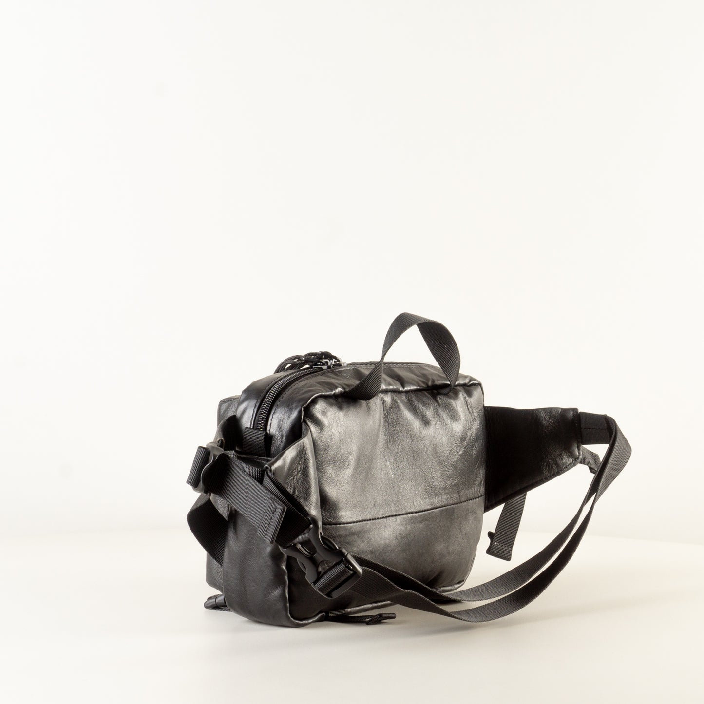 Large black leather sling bag with pockets "September"