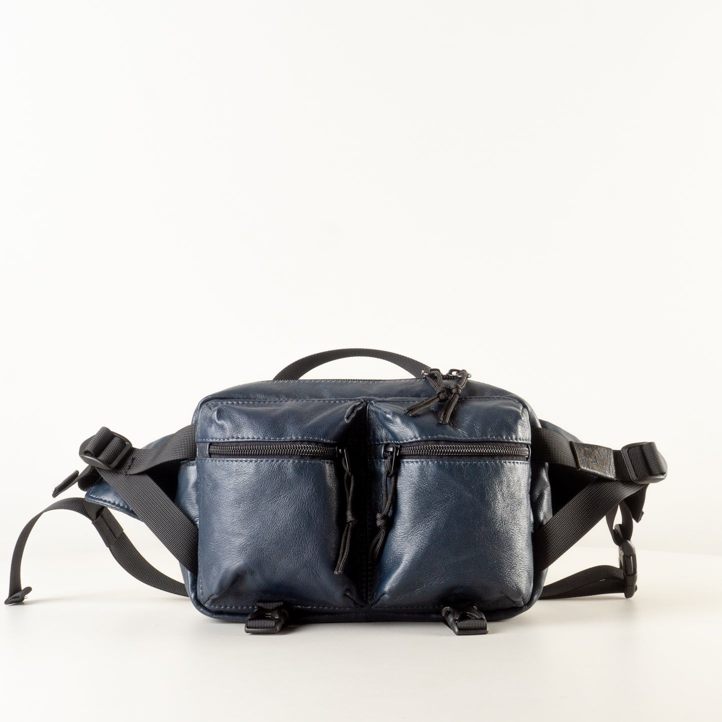 Large Navy blue leather sling bag with pockets "September"