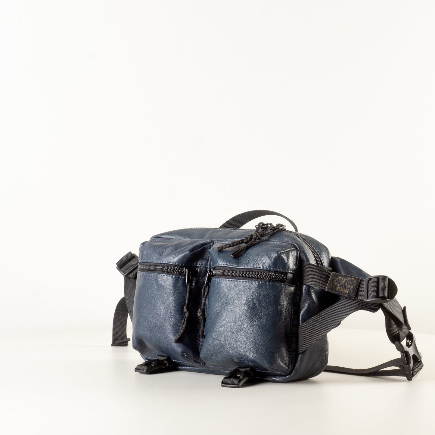 Large Navy blue leather sling bag with pockets "September"