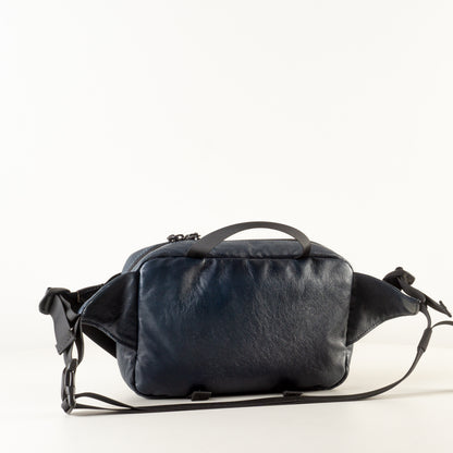 Large Navy blue leather sling bag with pockets "September"