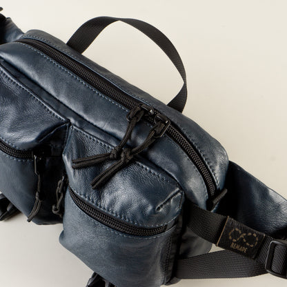 Large Navy blue leather sling bag with pockets "September"