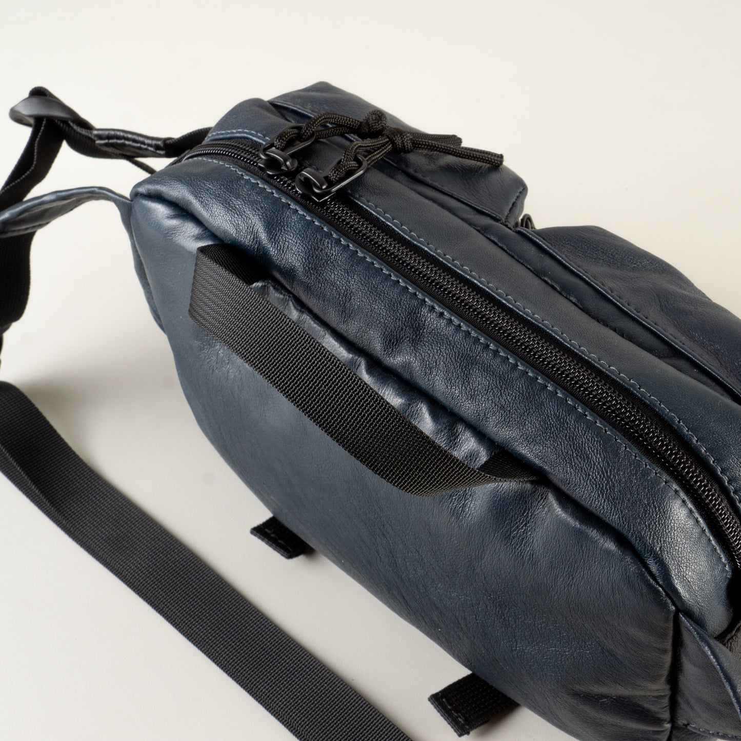 Large Navy blue leather sling bag with pockets "September"