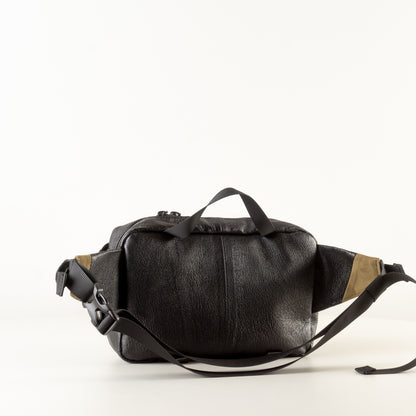 Large black with green leather sling bag with pockets "September"