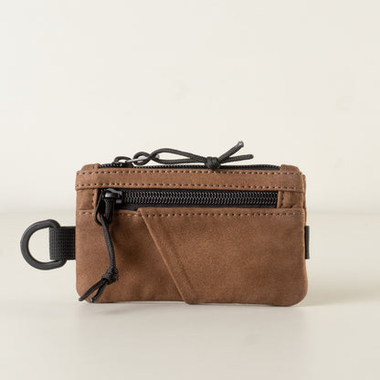 August.  Small brown wallet for key cards.